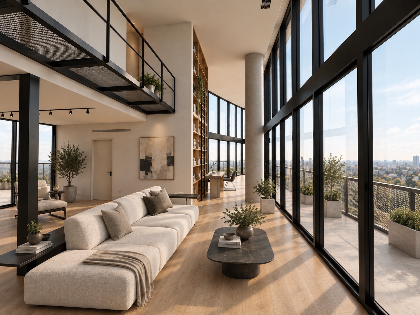 Double-height glazed living room in Apartment 3G